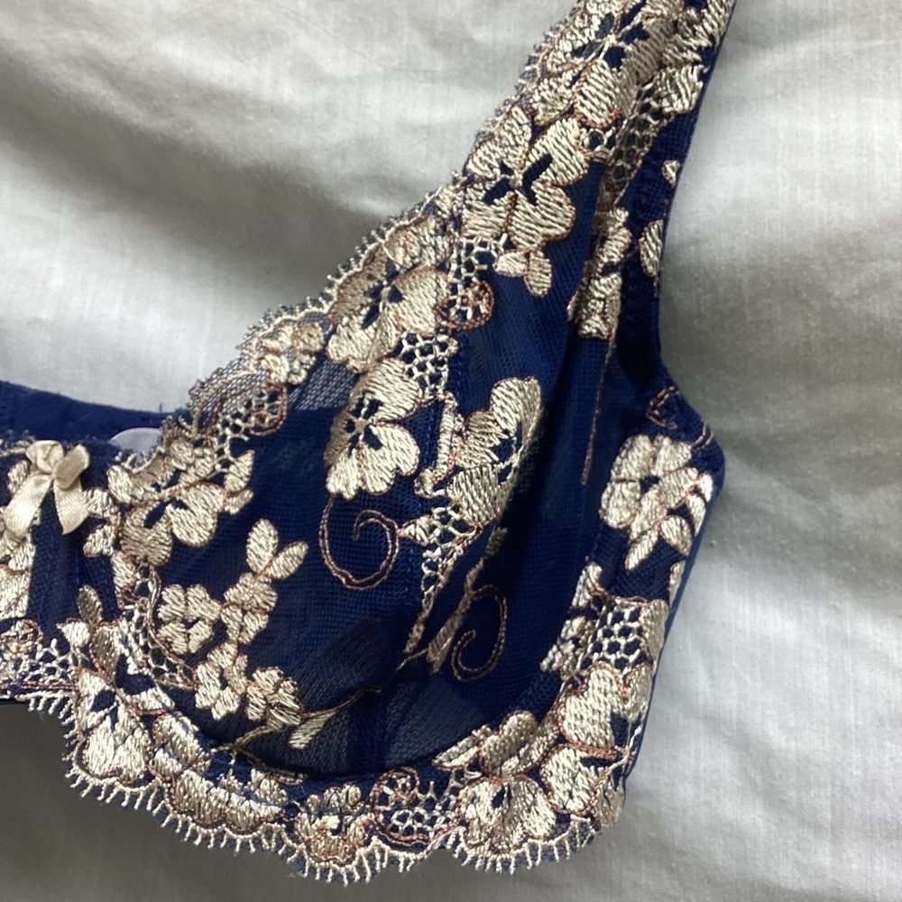 Unbranded blue and silver embroidered floral sheer bra, size 36C - Picture 2 of 7